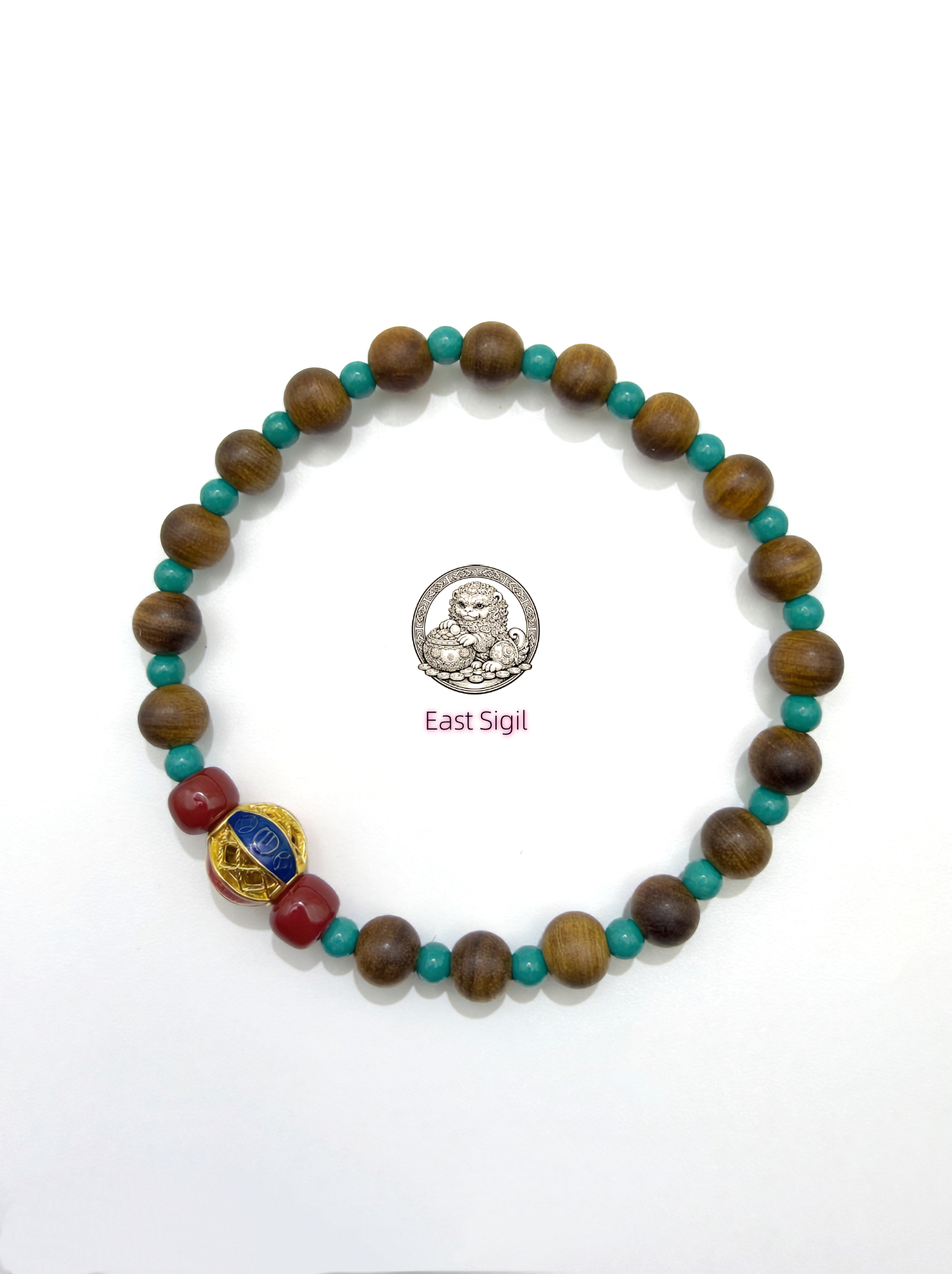 Turquoise & Sandalwood Harmony Bracelet (Red Accent)