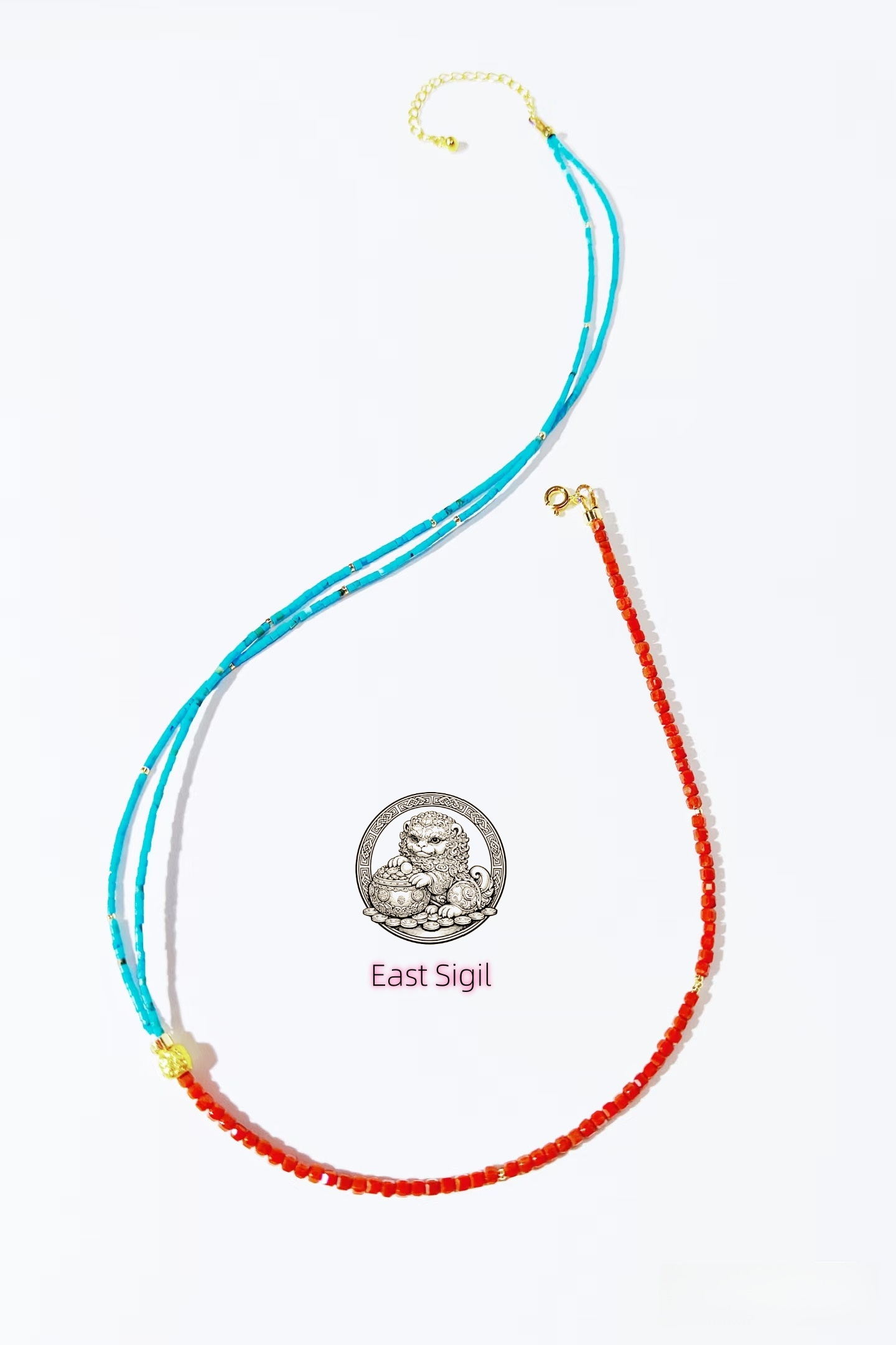 Turquoise & Red Beaded Necklace with Gold Accents