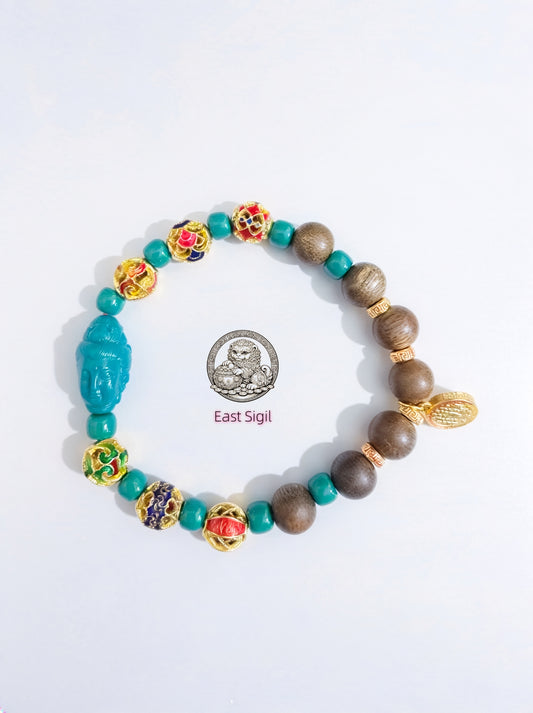 Turquoise Ci Hang Bracelet (Sandalwood & Enamel Gold Beads)