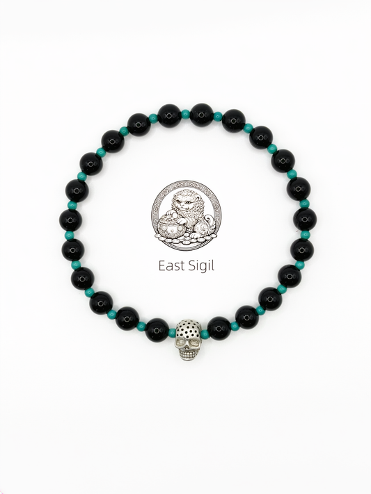 Obsidian & Turquoise Beaded Bracelet with 925 Sterling Silver Skull